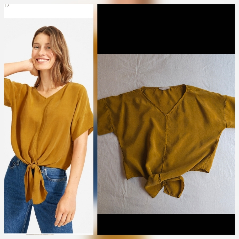 Everlane The Cupro Tie Front Short Sleeve Blouse Golden Mustard Brown 4